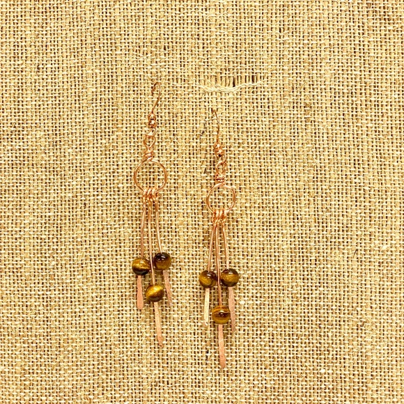 HANDMADE Tigers Eye and Hand Wrapped and Hammered Bare Copper Dangle Earrings - Picture 4 of 10